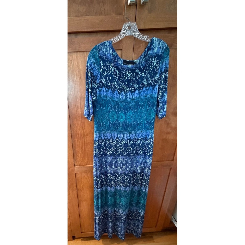 Cynthia Rowley Blue Teal Printed Short Sleeve Maxi Dress Size Large L stretch